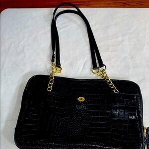 KATE LANDRY Elegant Black FAUX Crocodile-Embossed Handbag. GOLD CHAIN ACCENT